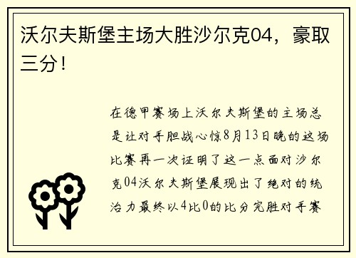 沃尔夫斯堡主场大胜沙尔克04，豪取三分！